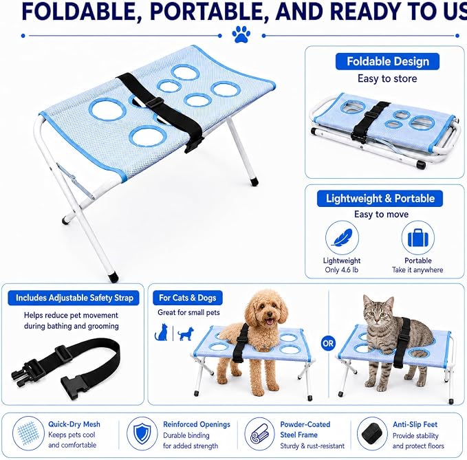 Foldable Pet Grooming Hammock Stand, 44‑lb Capacity Dog & Cat Bathing Helper